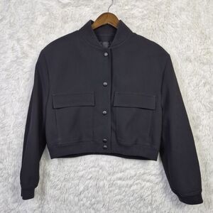 Zara Womens Bomber Jacket Black Cropped Snap Front Modern Edgy